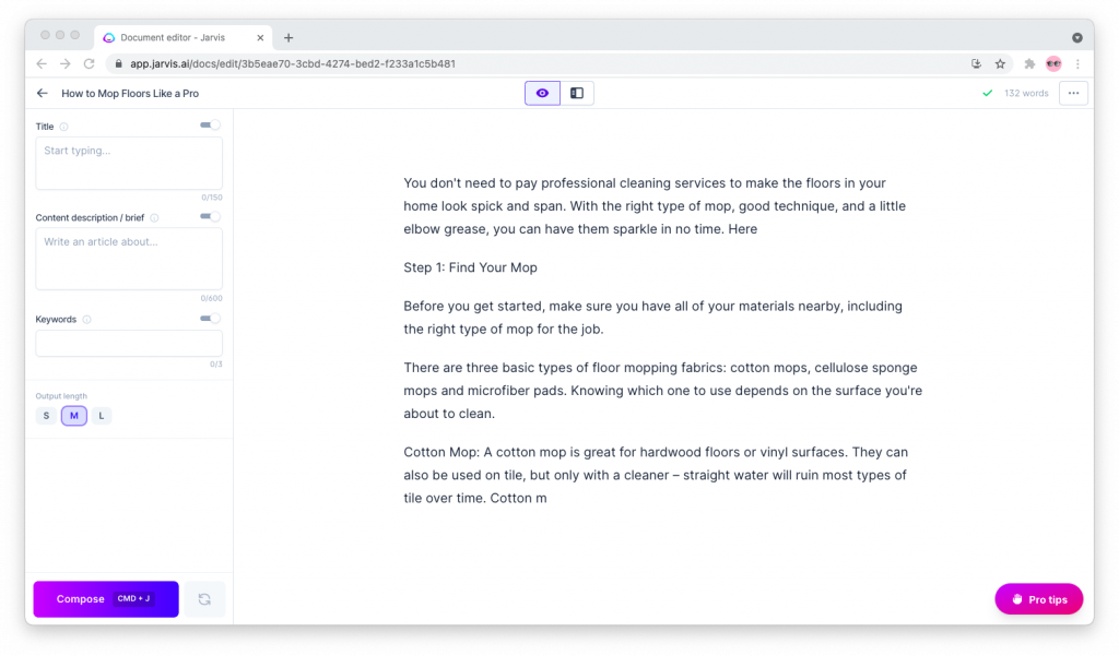 Jarvis.ai long-form copywriting assistant and document editor