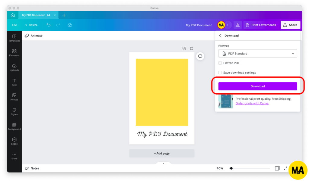 Screenshot of download a Canva design as a PDF file