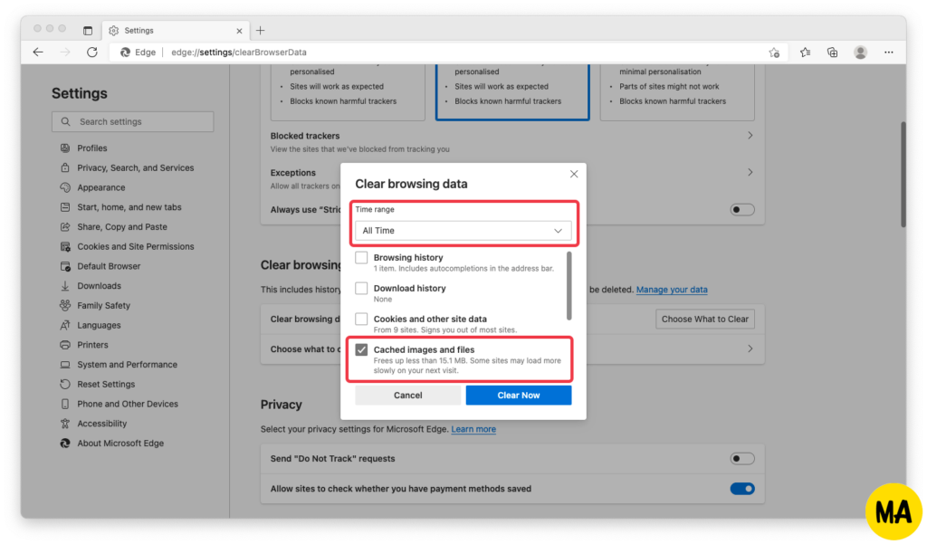 A screenshot of how to clear the cache on the Microsoft Edge web browser