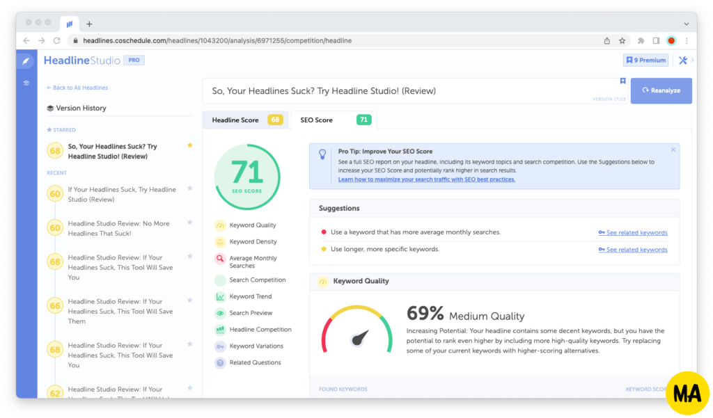 Screenshot of the SEO score in Headline Studio