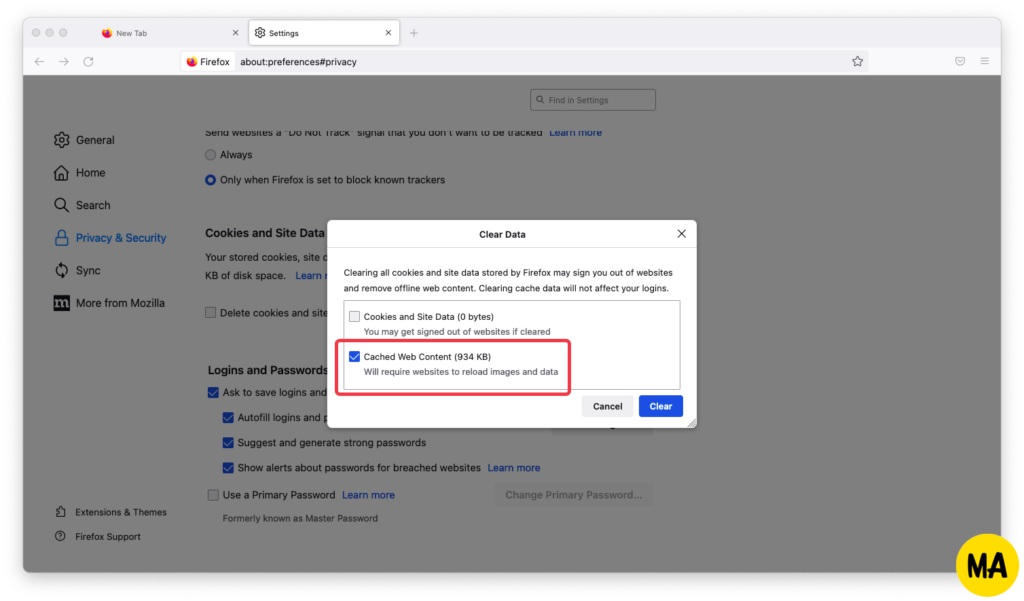 A screenshot of how to clear the cache on the Mozilla Firefox web browser