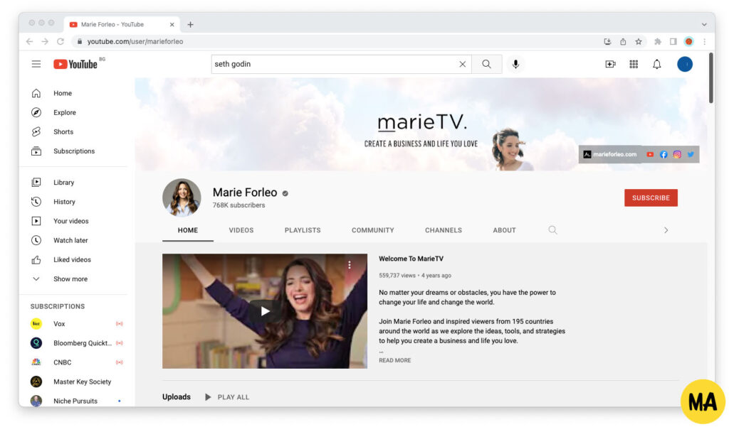 Screenshot of Marie Forleo's YouTube channel