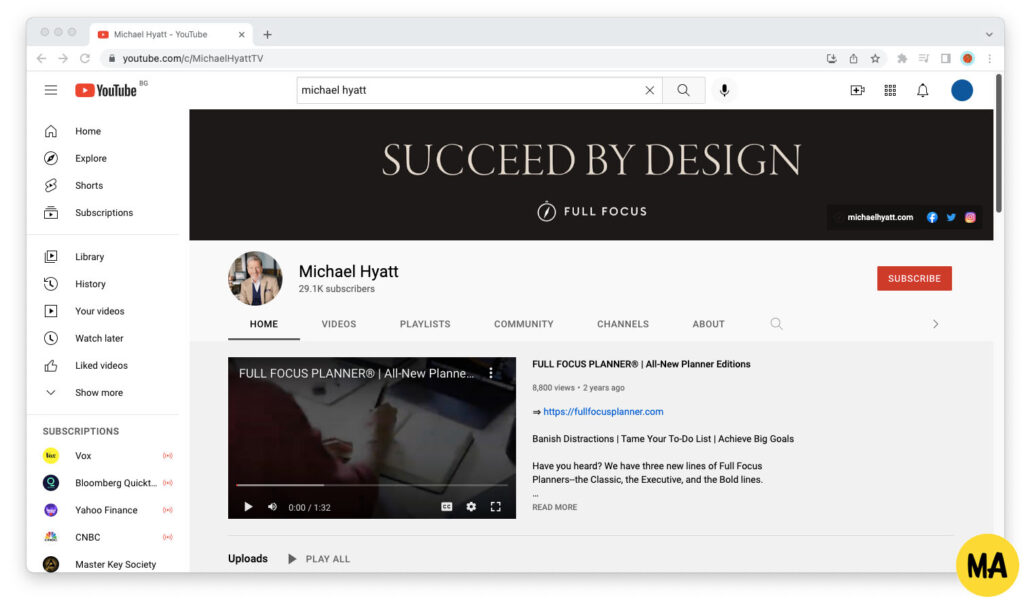 Screenshot of Michael Hyatt's YouTube channel