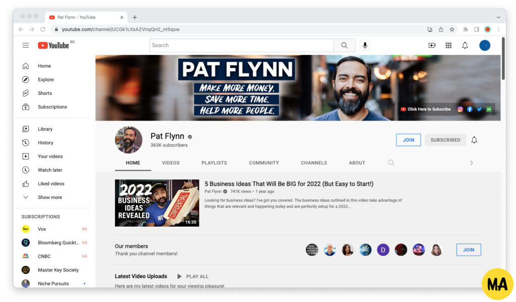 Screenshot of Pat Flynn's YouTube channel