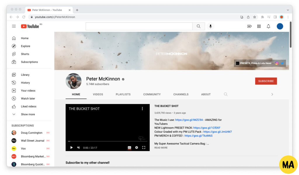 Screenshot of Peter McKinnon's YouTube channel
